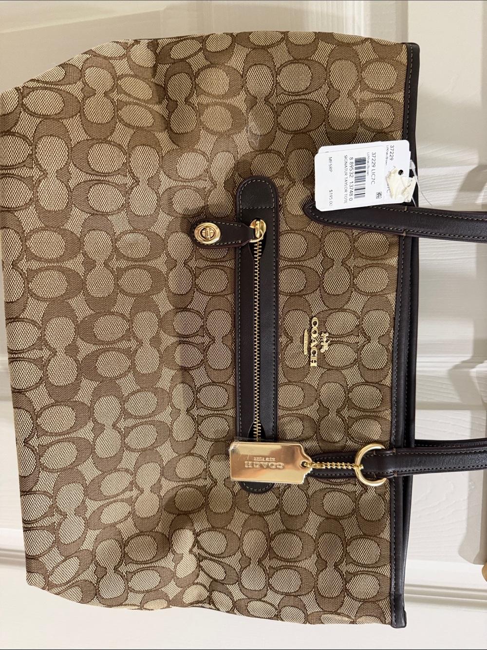 Coach Khaki/Chalk Signature Canvas Tote with Dark Brown Trim